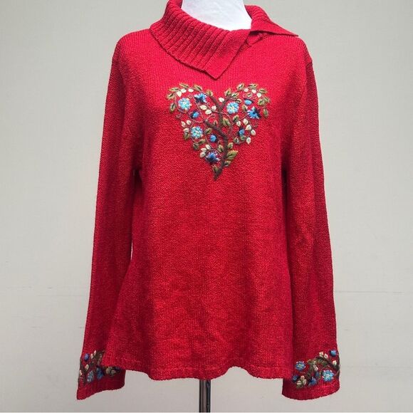 Coldwater Creek Embroidered Sweater Red Cottagecore Heart Tree Floral Sz Medium - Picture 1 of 12